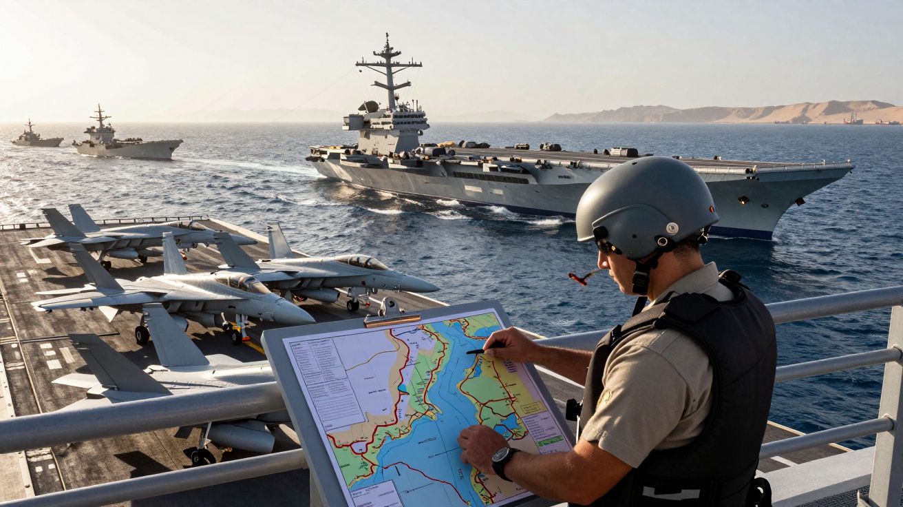 Militar a analisar mapa a bordo de porta-aviões com jatos estacionados e navios no mar ao fundo.