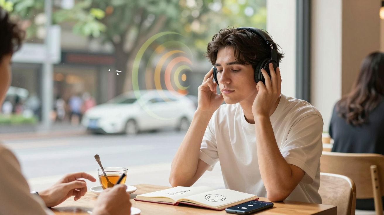 Jovem com headphones ouvindo música numa cafeteria, com livro aberto e chá na mesa.