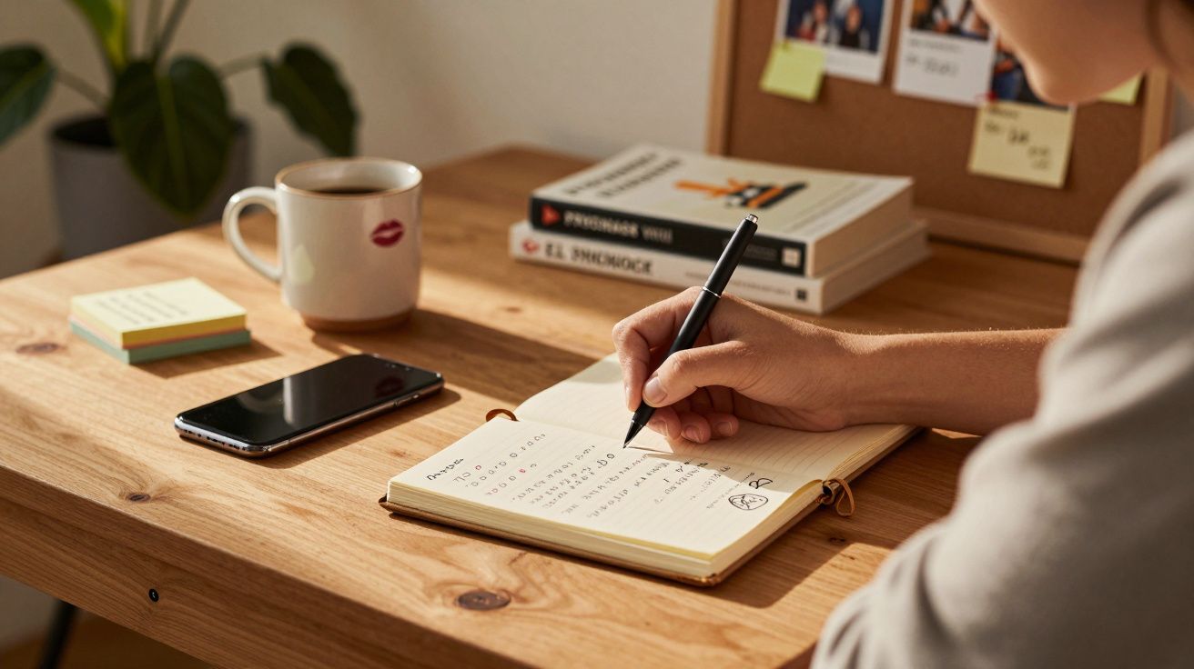 Pessoa a escrever num caderno aberto numa mesa de madeira com telemóvel, chávena e livros ao fundo.