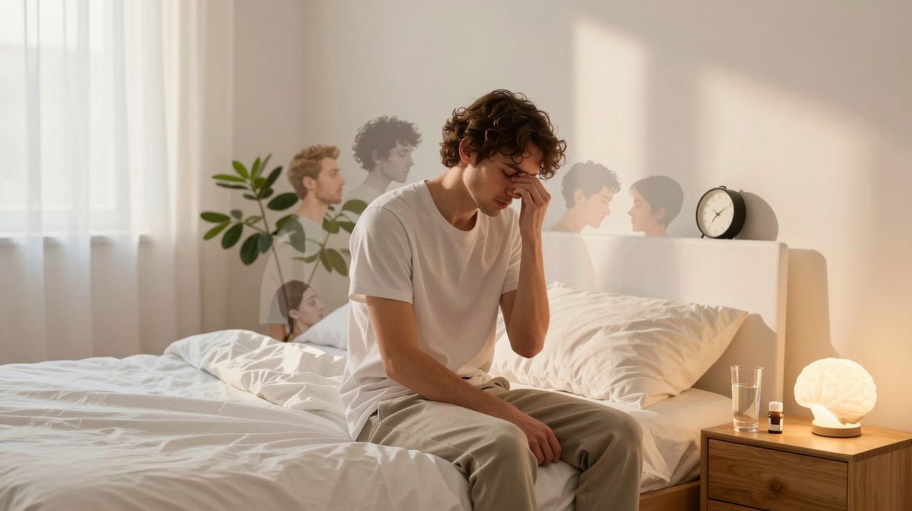 Homem sentado na cama com expressão de cansaço, com imagens translúcidas de pessoas a conversar atrás.