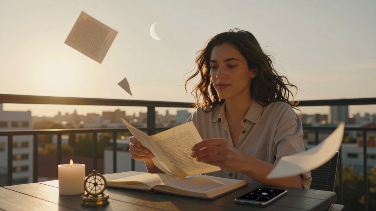 Mulher sentada numa varanda ao pôr do sol, lendo páginas de um livro com folhas a voar ao redor.