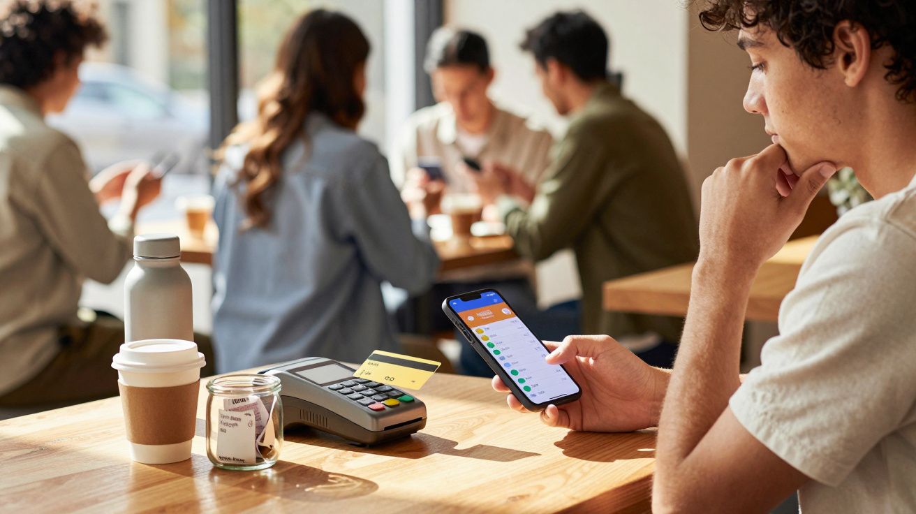 Jovem a usar smartphone próximo de máquina de pagamento, numa mesa com copo de café e grupo de pessoas ao fundo.