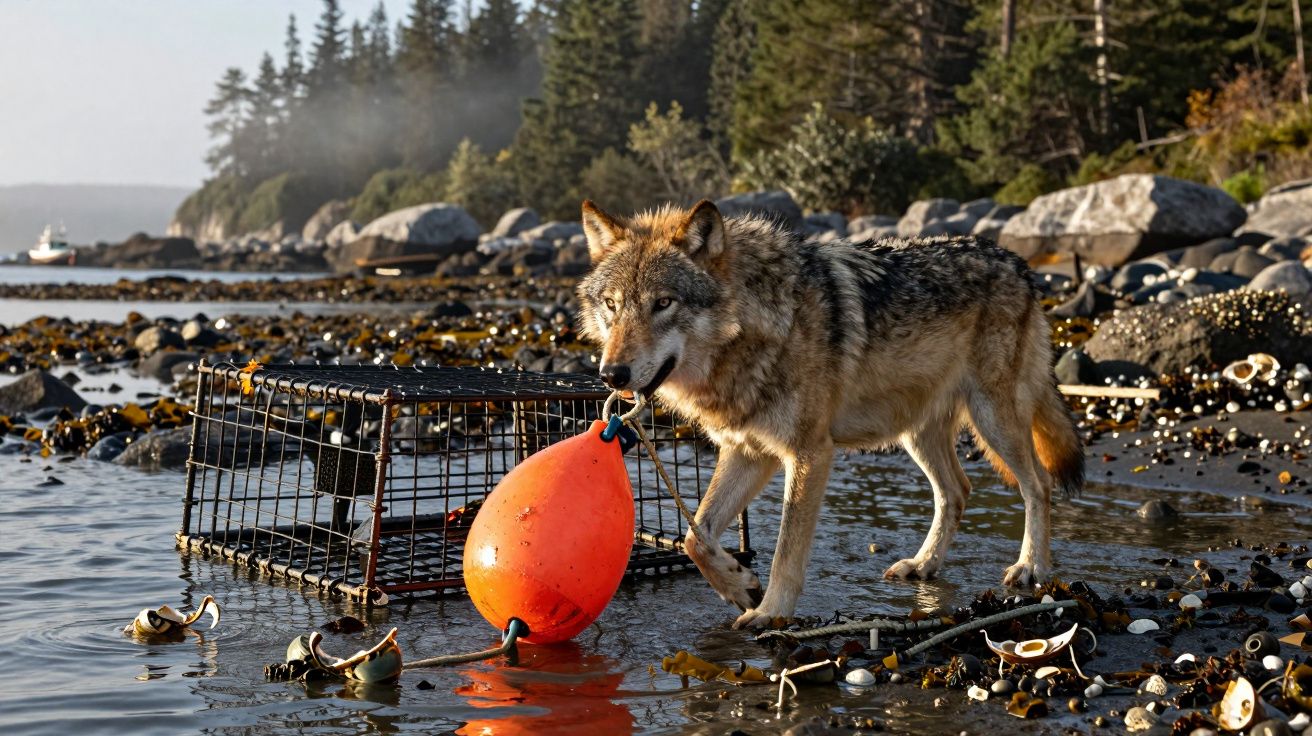 Lobo cinzento na margem rochosa junto a armadilha de marisco e bóia laranja, com floresta ao fundo.