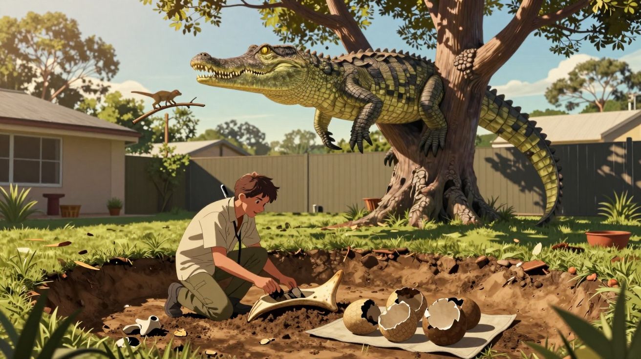 Rapaz escava ossos no chão enquanto um crocodilo está numa árvore no quintal de uma casa.