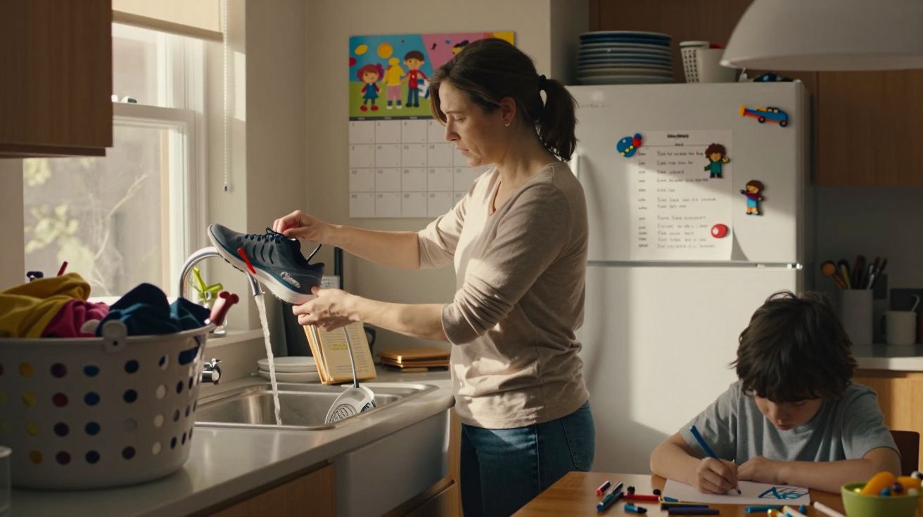 Mulher lava um ténis na cozinha enquanto menino desenha na mesa junto a ela.