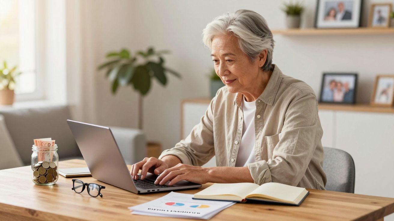Mulher idosa a trabalhar num portátil numa mesa com notas, óculos e frasco de moedas.