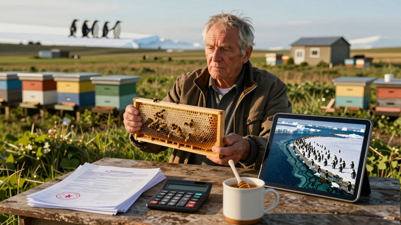 Homem idoso a observar favo de mel com abelhas, rodeado de colmeias, documentos e tablet com imagem de pinguins.