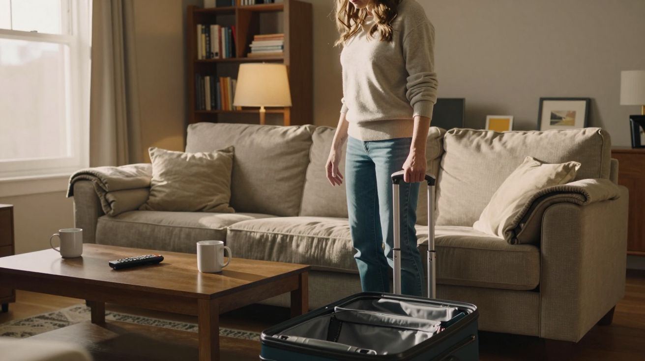 Mulher em sala com sofá, mesa de centro e mala de viagem aberta ao lado.
