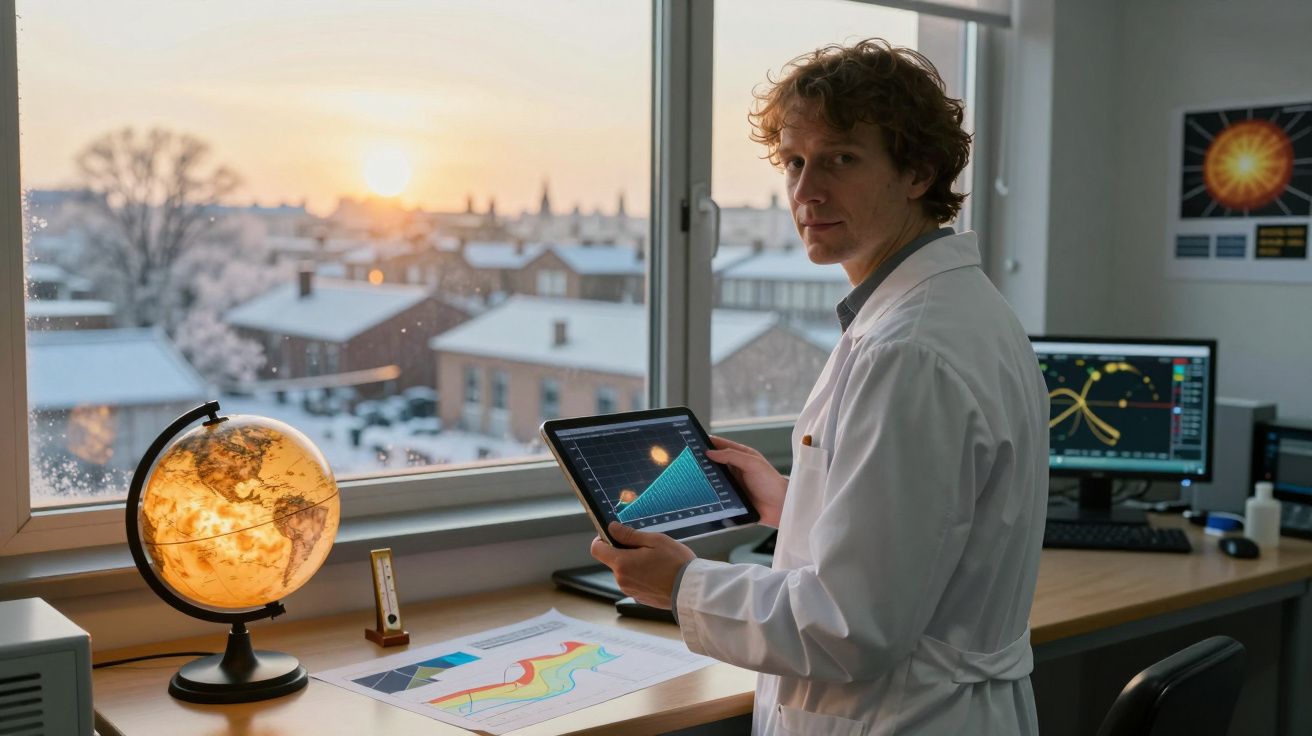Homem de branco com tablet em escritório a observar dados científicos ao pôr do sol, com mapa e globo iluminado.