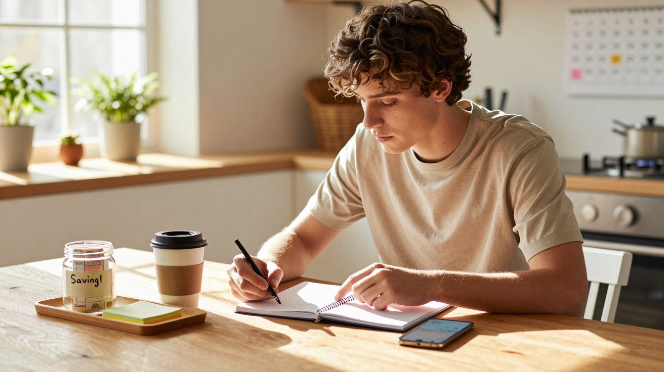 Jovem sentado à mesa a escrever num caderno, com telemóvel, café e pote de poupança à sua frente numa cozinha iluminada.