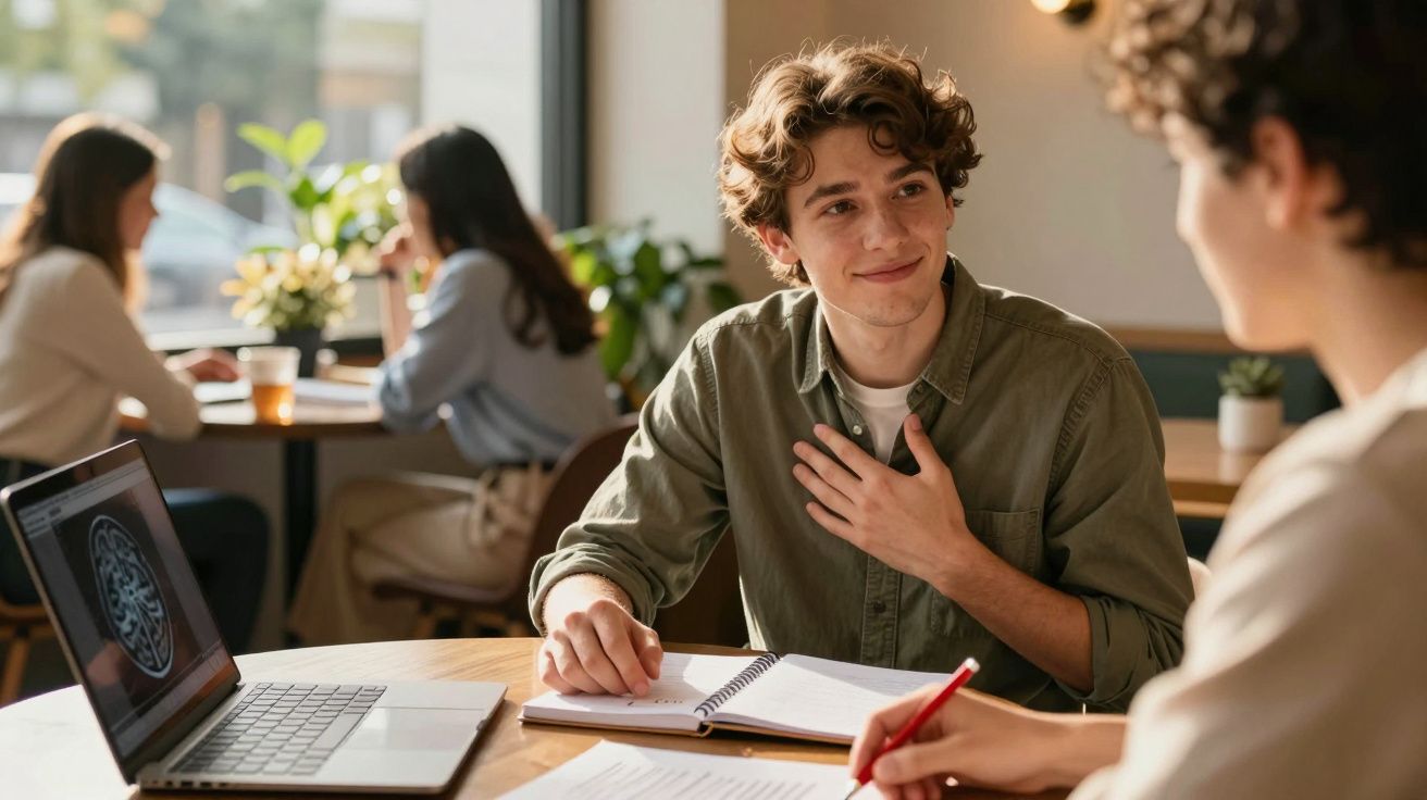 Jovem a conversar e estudar com outra pessoa numa mesa com computador portátil aberto.