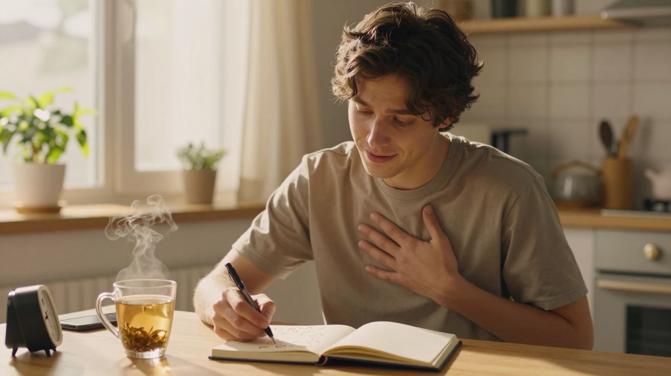Jovem sentado a escrever num caderno na cozinha, com chá quente à sua frente e luz natural pela janela.