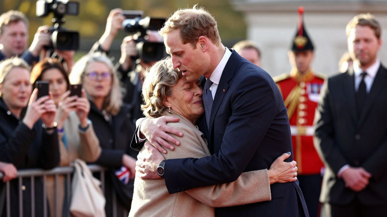 Homem de fato azul abraça e conforta mulher mais velha num evento ao ar livre com pessoas ao fundo.