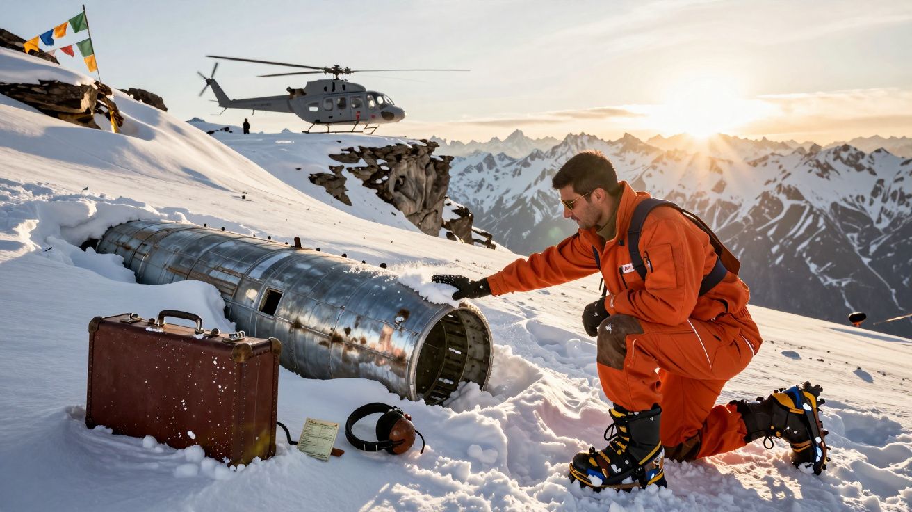 Homem em fato laranja inspeciona destroços metálicos na neve com montanhas e helicóptero ao fundo.