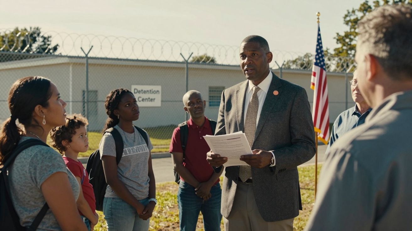 Homem de fato fala para grupo diverso em frente a centro de detenção com bandeira dos EUA ao fundo.