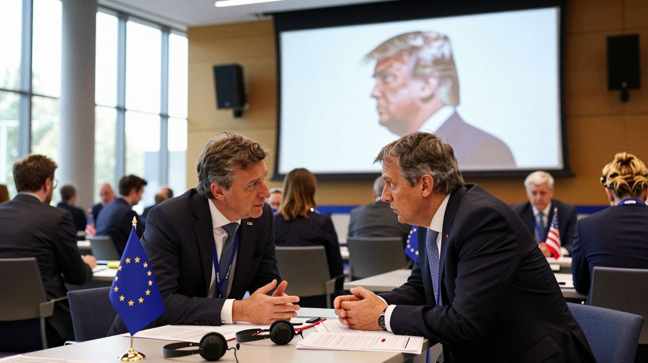 Dois homens de fato conversam numa conferência, com bandeiras da União Europeia e ecrã com imagem de Donald Trump ao fundo.