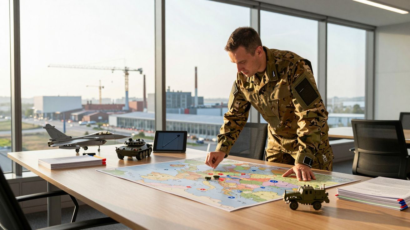 Militar em uniforme camuflado assinala posições num mapa militar numa sala com vista para edifício industrial.