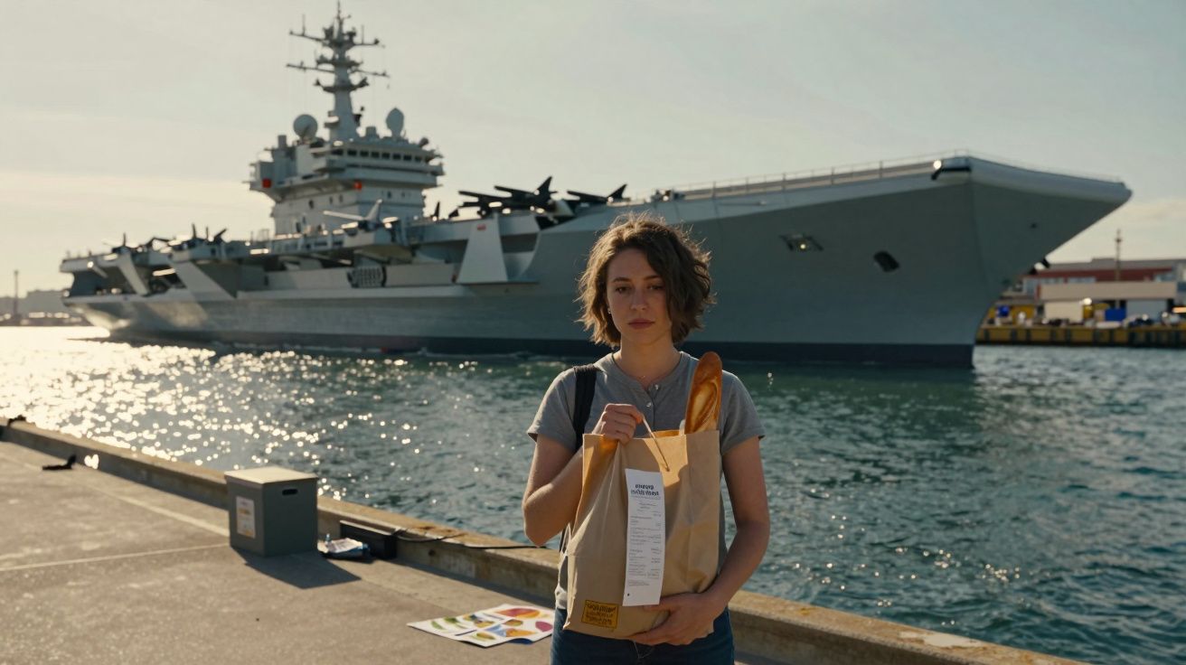 Jovem mulher com saco de compras na mão está num cais com porta-aviões ao fundo ao pôr do sol.