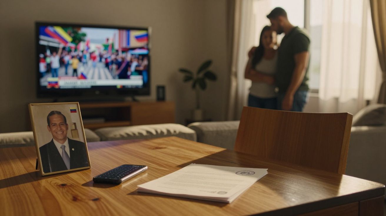 Mesa de madeira com foto em moldura, comando remoto e documentos, com casal ao fundo em sala iluminada.