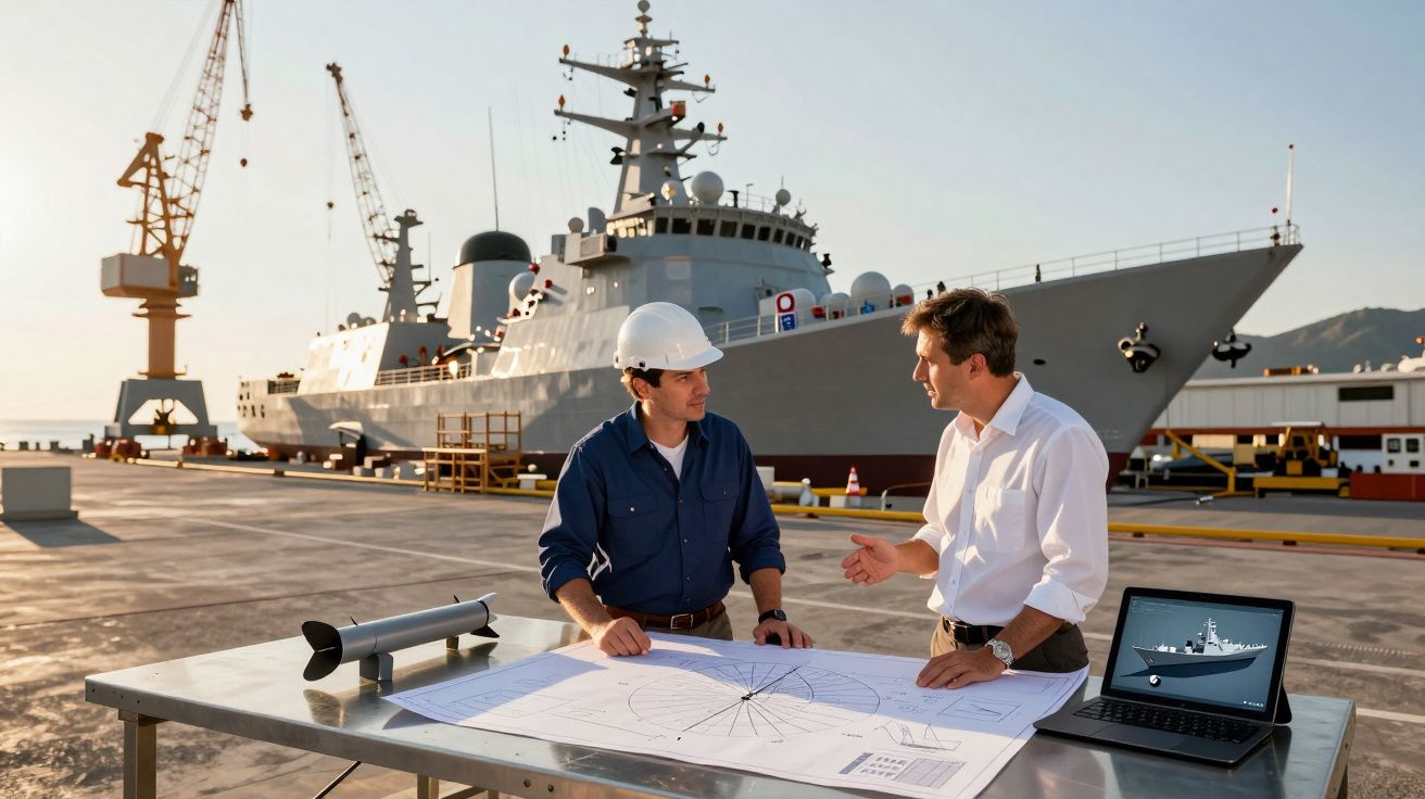Dois homens discutem planos de construção naval junto a uma mesa com maquete, plantas e computador no porto.