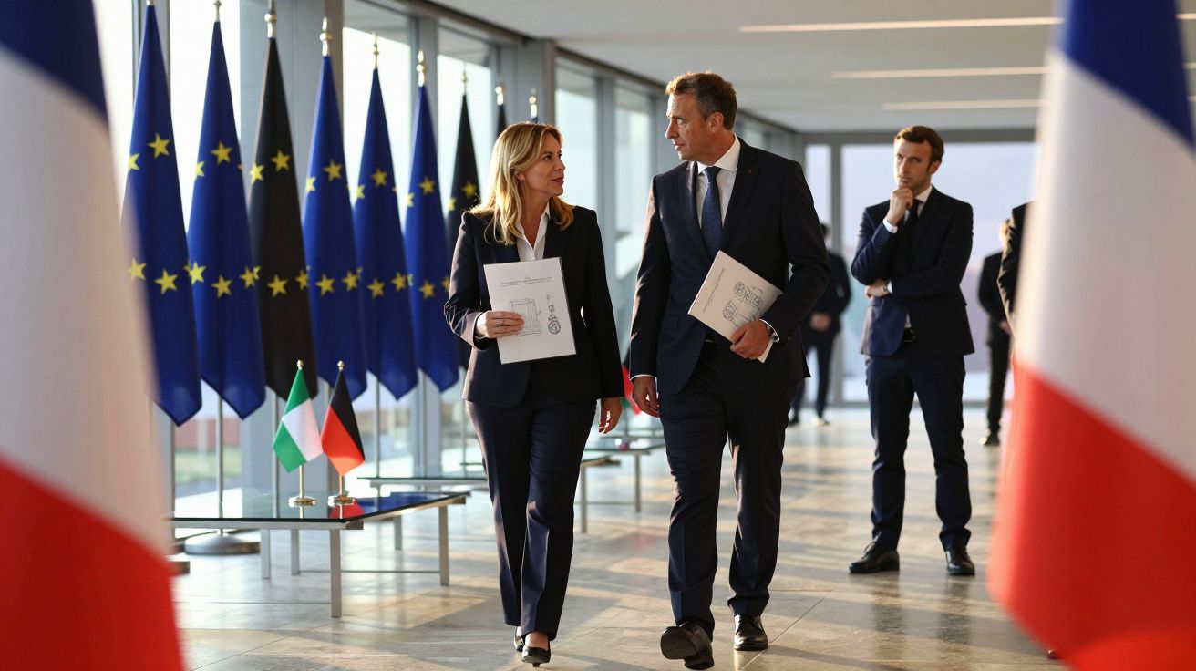 Duas pessoas de fato caminham e conversam em corredor com bandeiras da União Europeia e França ao fundo.