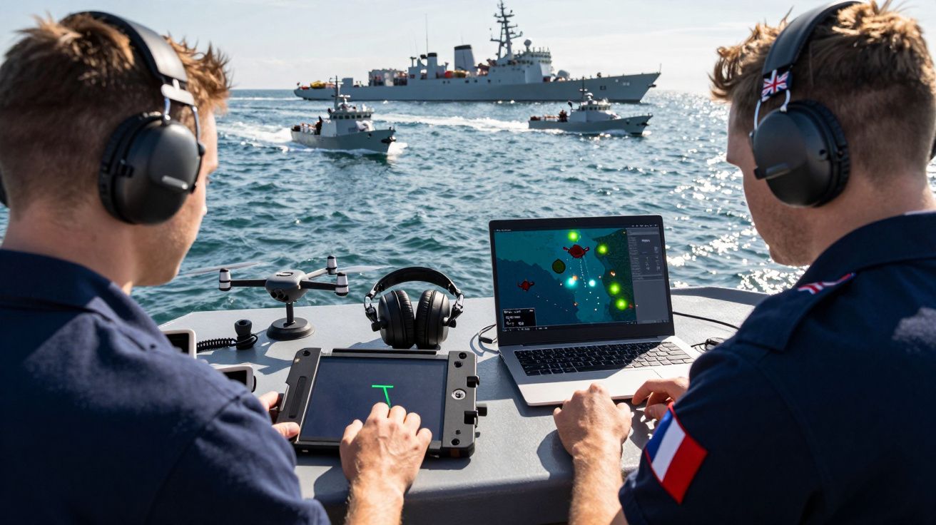 Dois homens com auscultadores controlam drones e monitorizam navios militares no mar através de tablet e portátil.