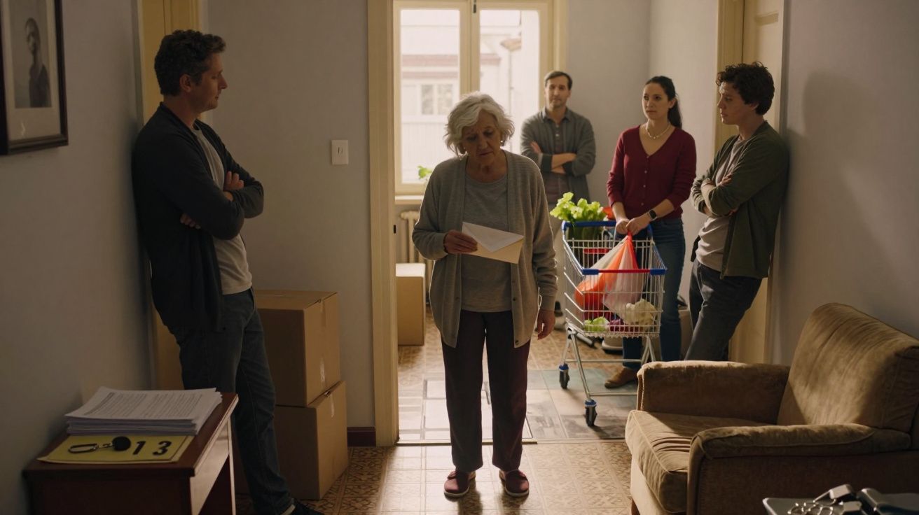 Mulher idosa lê carta enquanto quatro adultos a rodeiam numa sala modesta com luz natural.