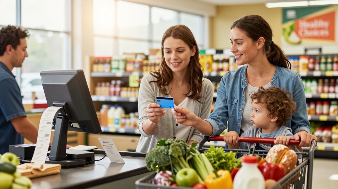 Duas mulheres e uma criança pagam compras com cartão num supermercado, com carrinho cheio de legumes e frutas.