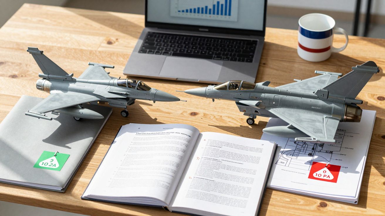 Modelos de aviões de caça sobre livros, com portátil e caneca numa mesa de madeira.
