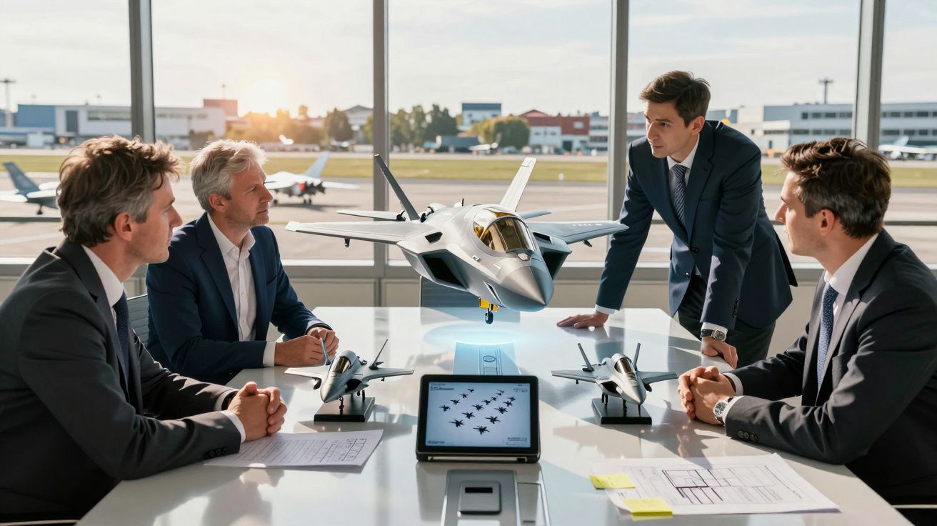 Quatro homens em fato discutem projeto de avião militar em maquetes numa sala com vista para aeroporto.