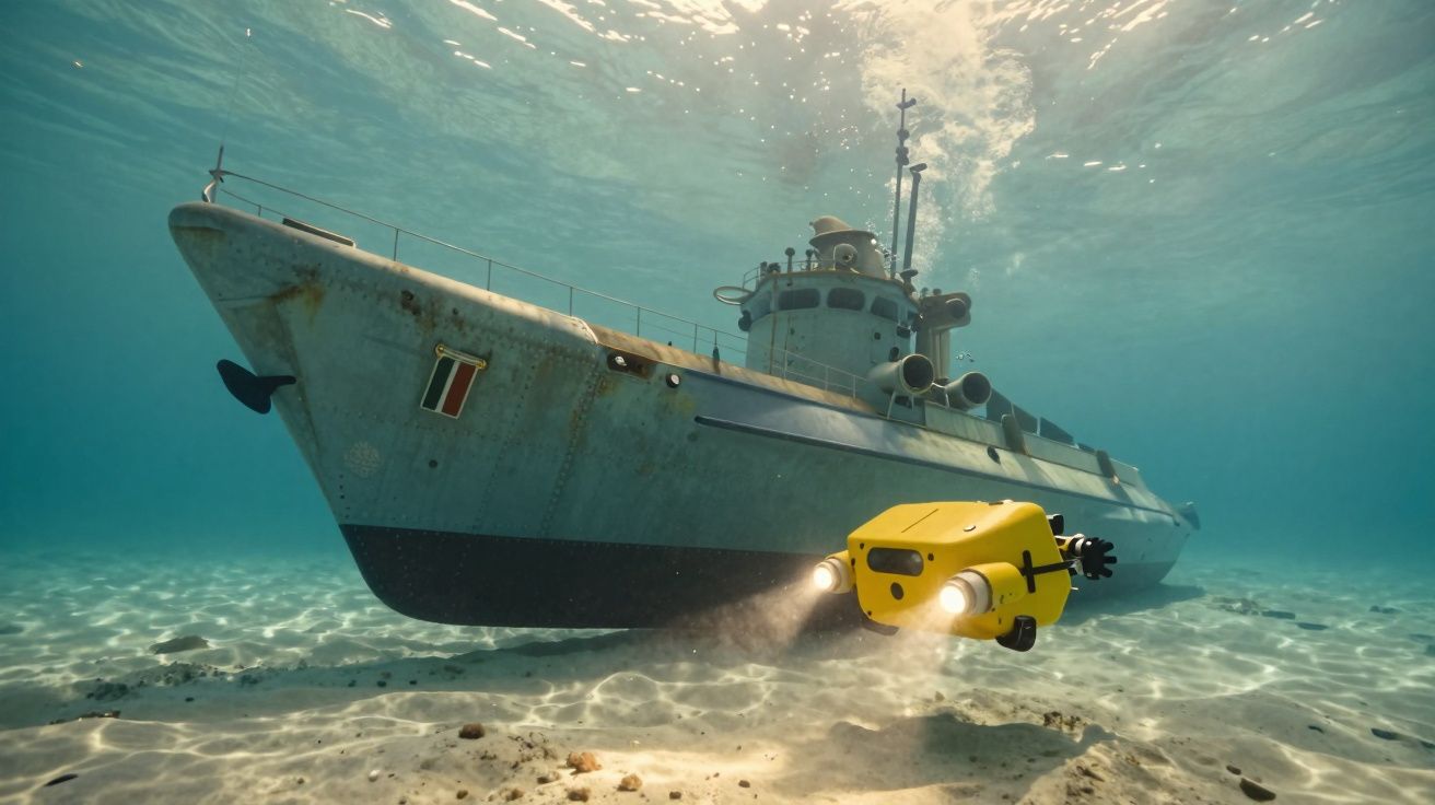 Veículo subaquático amarelo a explorar o casco de um navio antigo no fundo do mar iluminado pela luz natural.