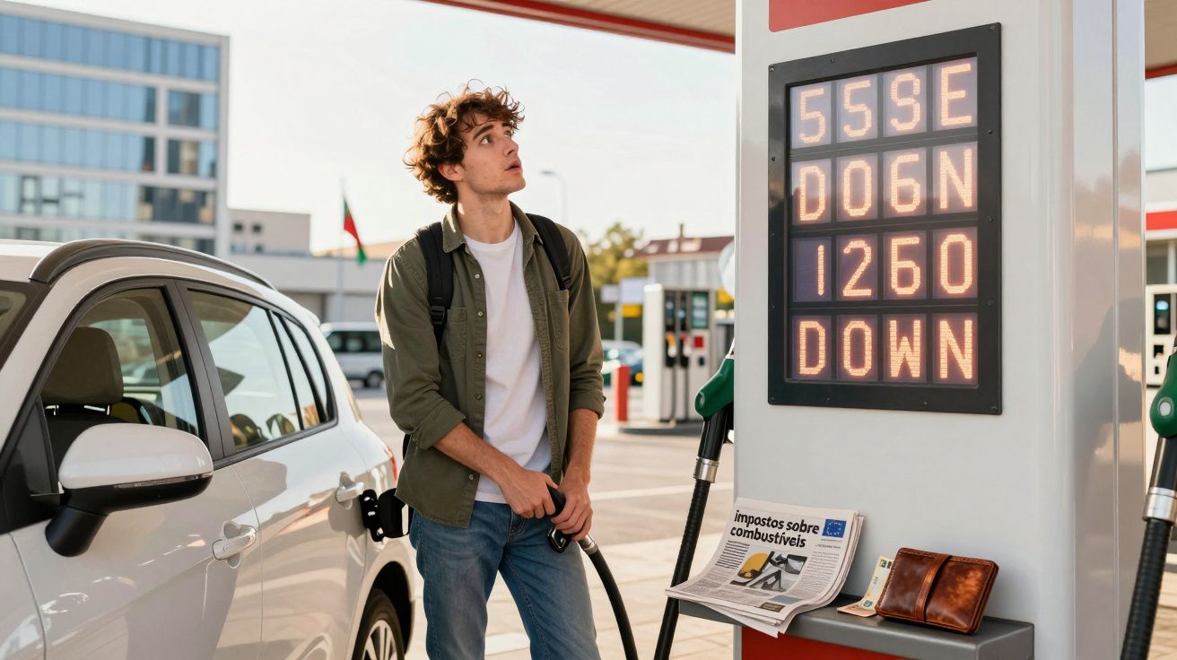 Homem jovem a abastecer carro numa bomba de combustível num posto de gasolina moderno.