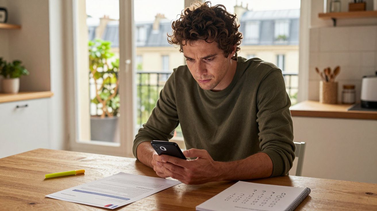 Homem jovem sentado a uma mesa em casa, a olhar com concentração para o telemóvel, com documentos à sua frente.