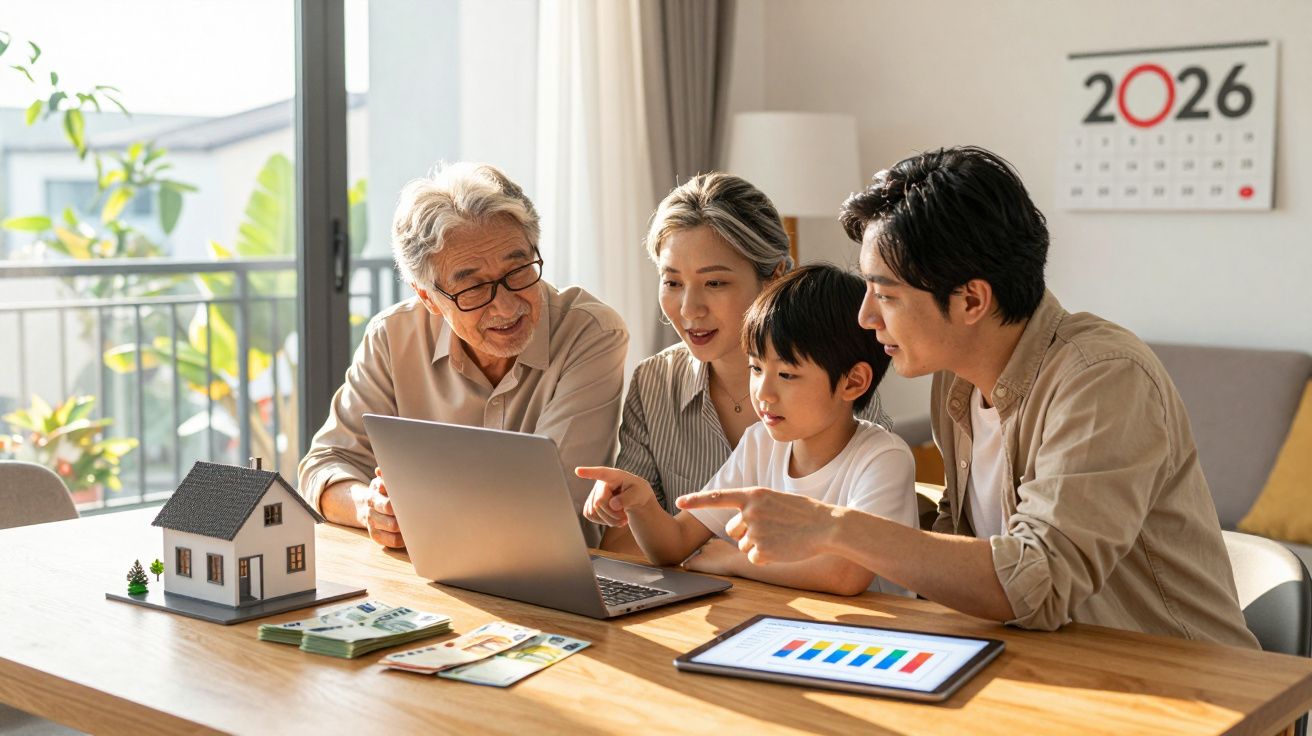 Família de quatro pessoas consulta laptop numa mesa com maquete de casa e dinheiro, calendário de 2026 ao fundo.
