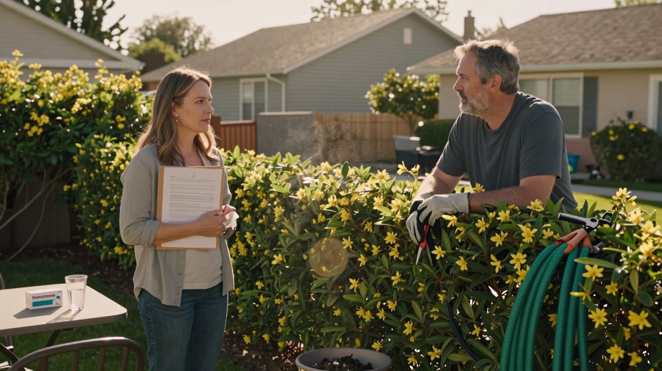 Mulher com documentos conversa com homem em jardim com sebe florida e casa ao fundo.