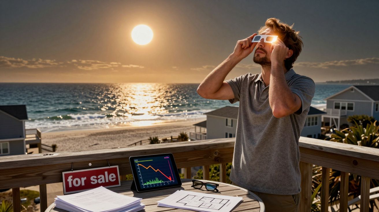 Homem numa varanda junto ao mar, usa óculos solares para observar o pôr do sol, com documentos e placa de venda.