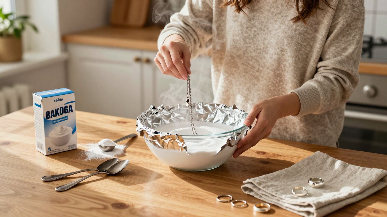Pessoa a limpar ou branquear alianças numa taça com líquido fumegante numa cozinha.