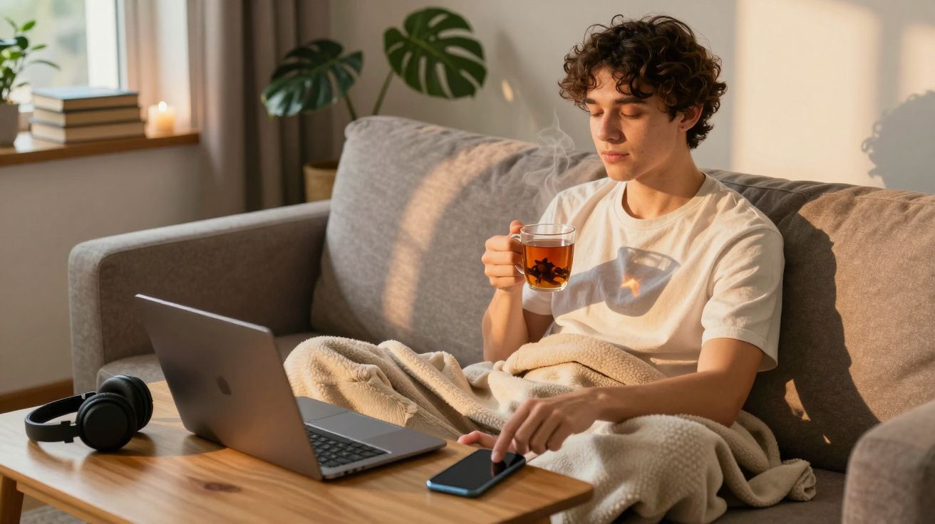 Jovem sentado no sofá com chá, cobertor, laptop e auscultadores numa sala iluminada pelo sol.