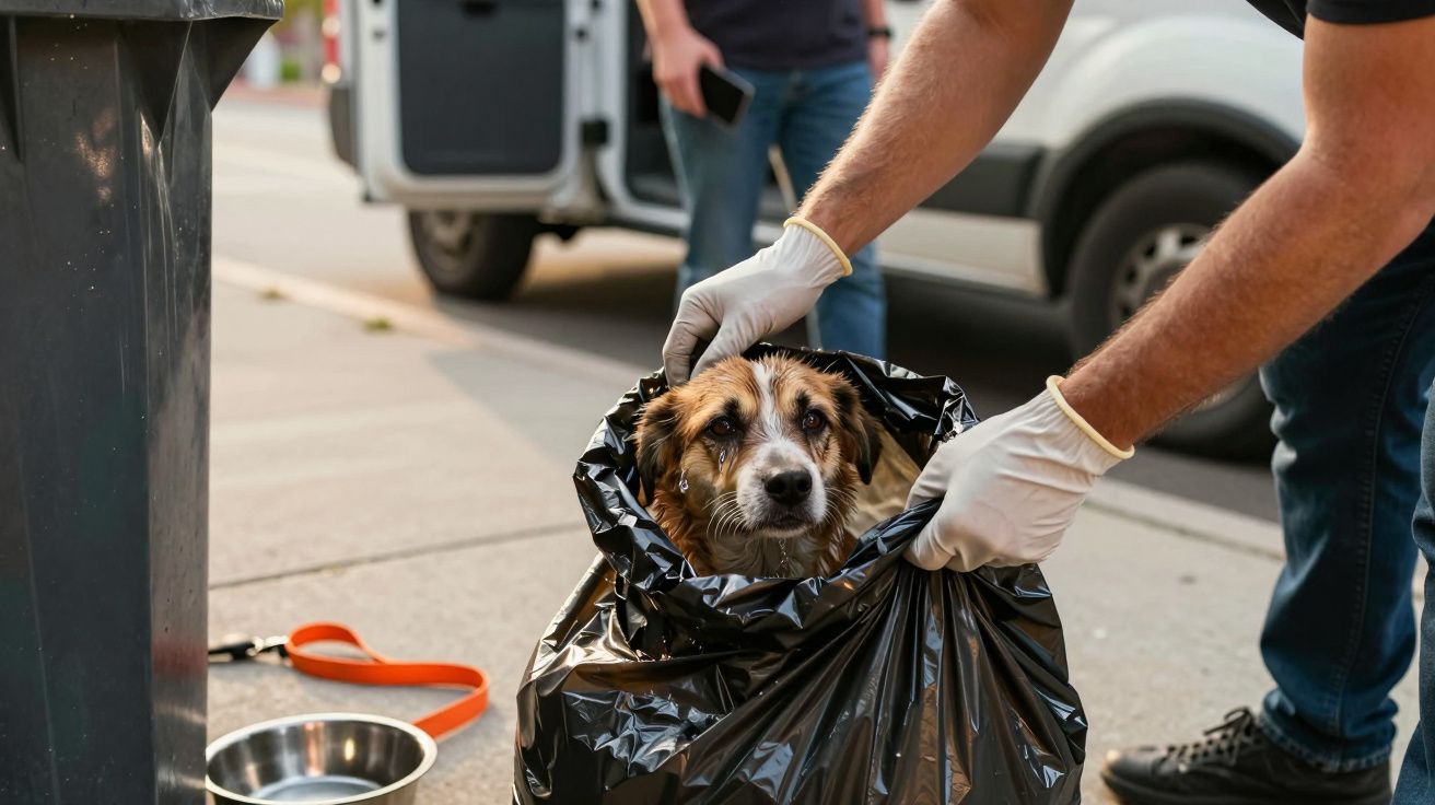 Homem com luvas a tirar cão de saco plástico preto na rua junto a bebedouro e trela.