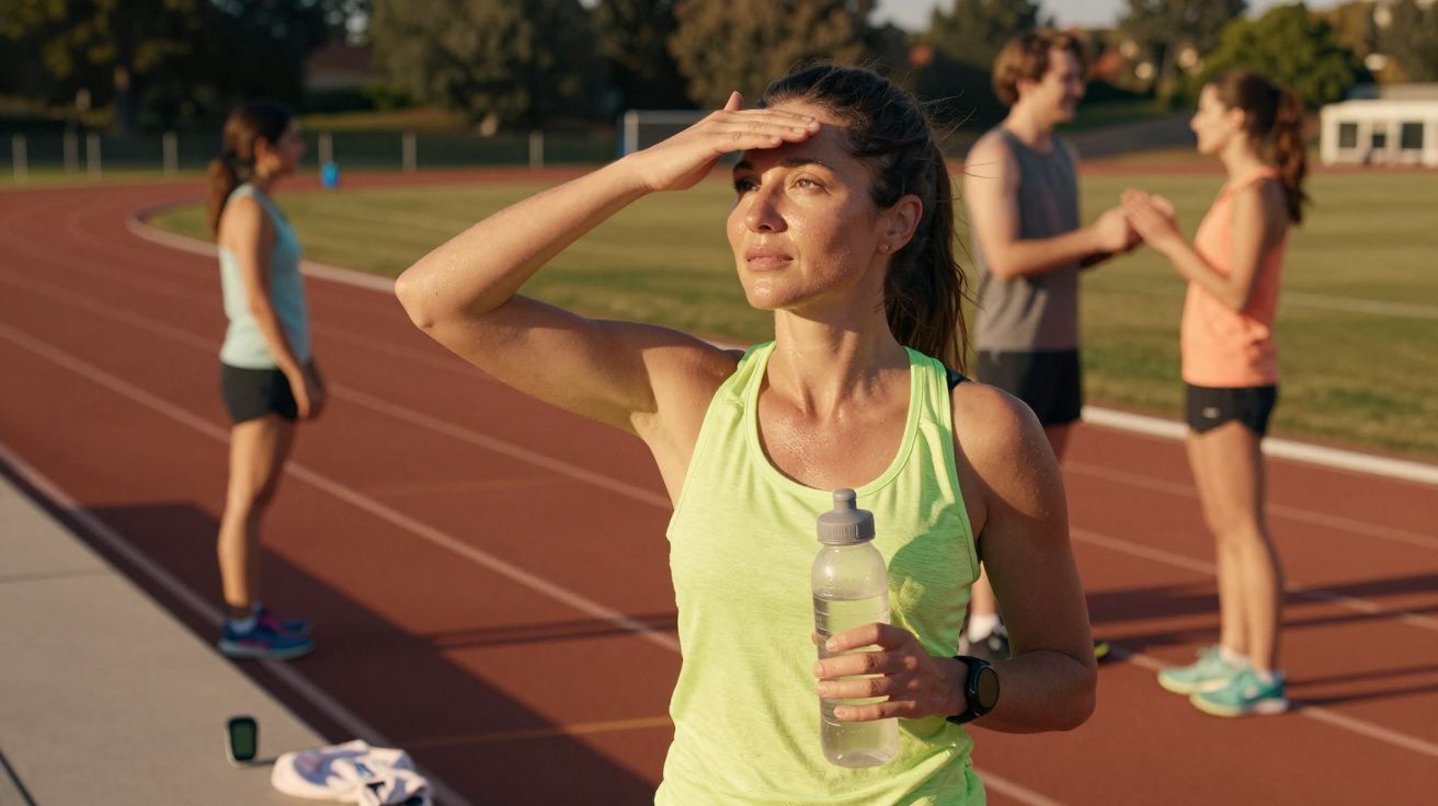 Mulher com fato de treino amarelo segura garrafa de água e protege os olhos do sol numa pista de atletismo.