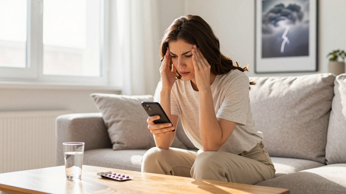 Mulher sentada no sofá com expressão preocupada, olhando para o telemóvel com as mãos na cabeça.