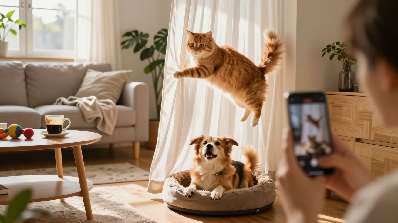 Gato saltando por cima de cão na cama enquanto pessoa tira foto com telemóvel numa sala acolhedora.