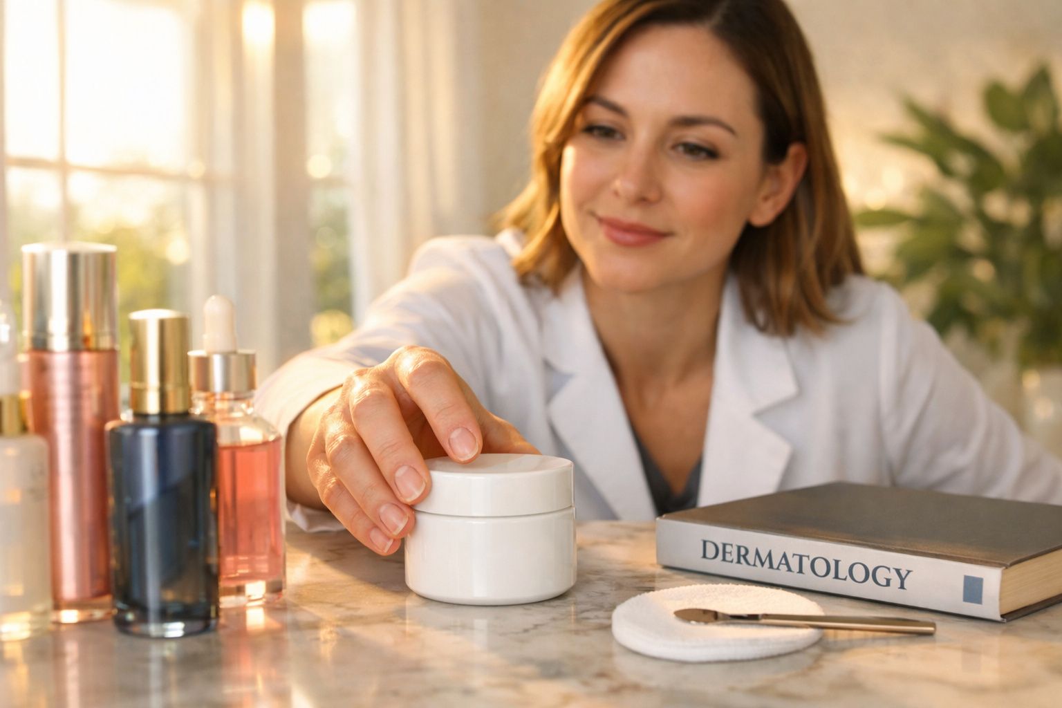 Mulher num laboratório de dermatologia a pegar num frasco de creme entre produtos de cuidado de pele.