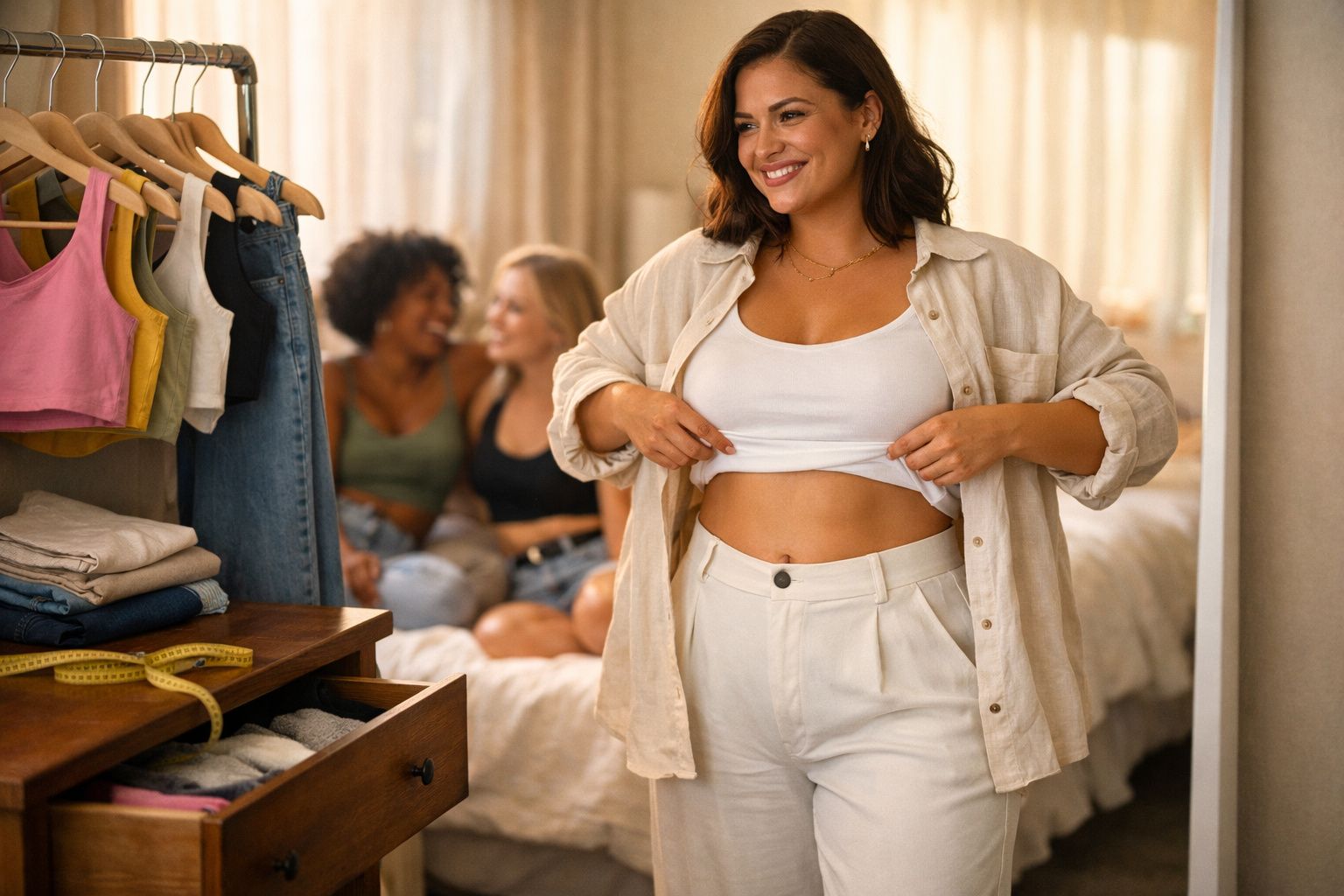 Mulher sorridente experimenta roupa junto a amigos num quarto aconchegante com roupa pendurada e gavetas abertas.