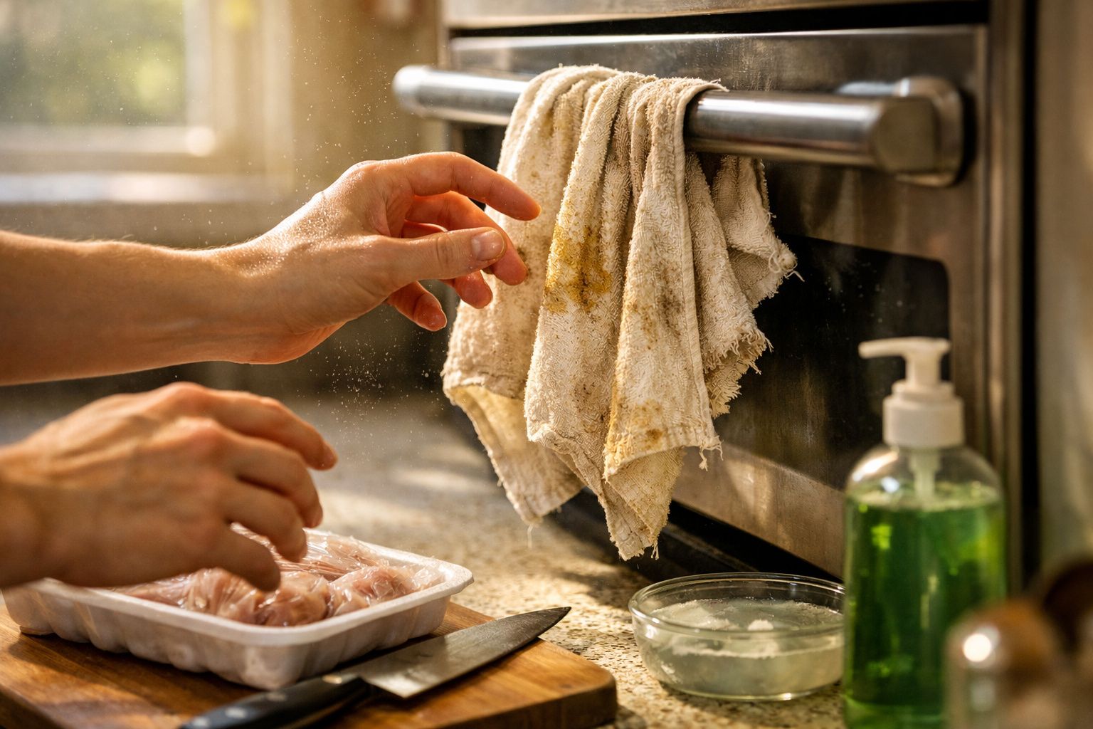 Mãos a manusear frango numa cozinha com pano sujo pendurado e detergente verde na bancada.