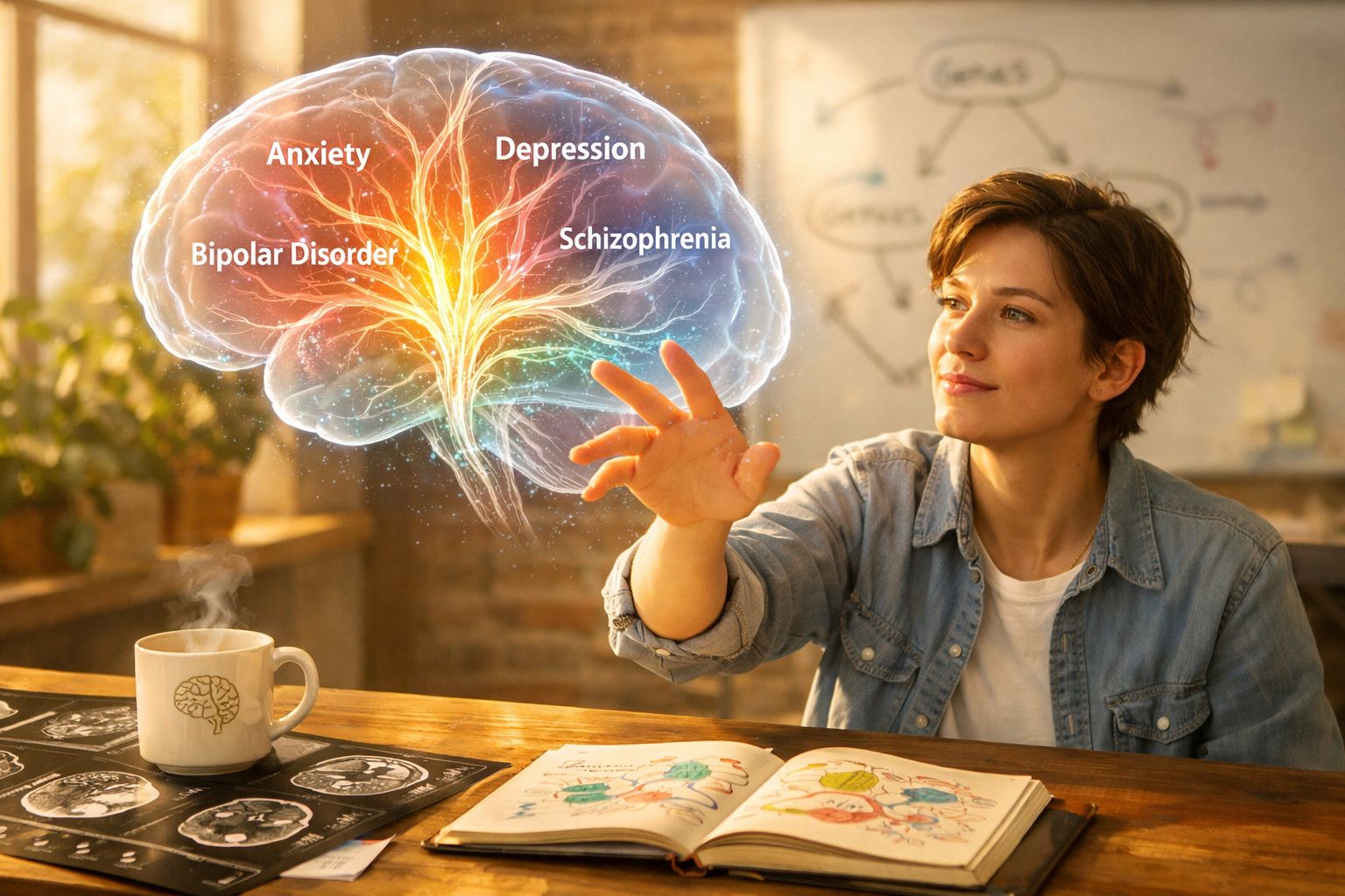 Pessoa a interagir com projeção de cérebro iluminado com termos de doenças mentais num ambiente de estudo.