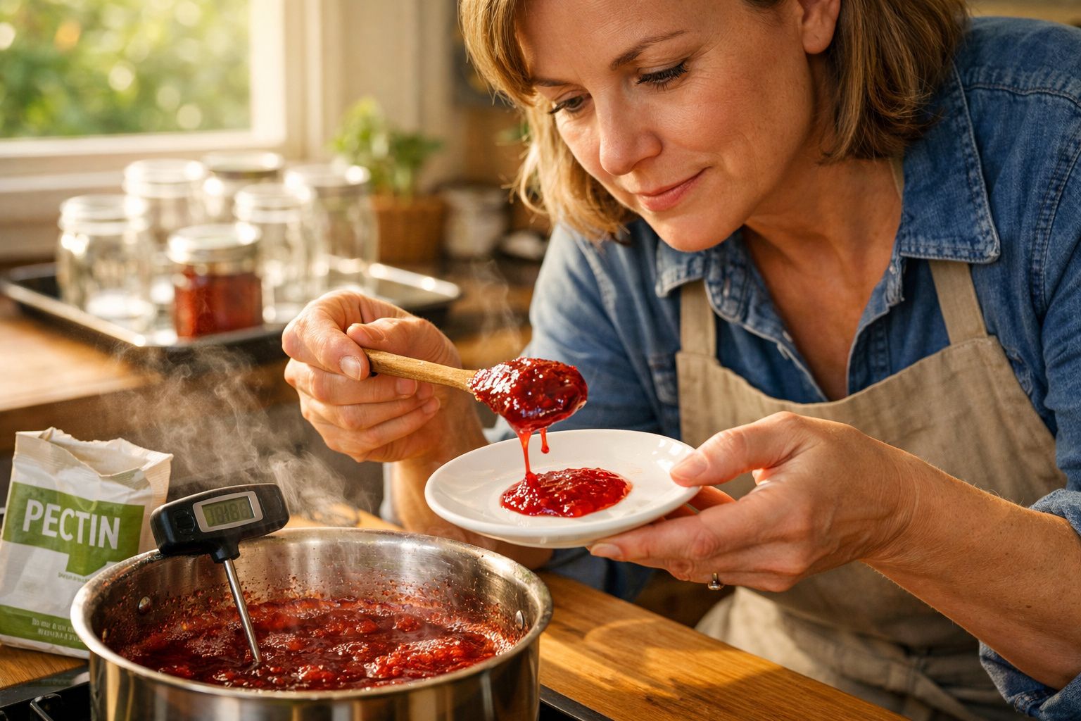 Mulher a provar compota caseira quente retirada de um tacho com colher de pau na cozinha.