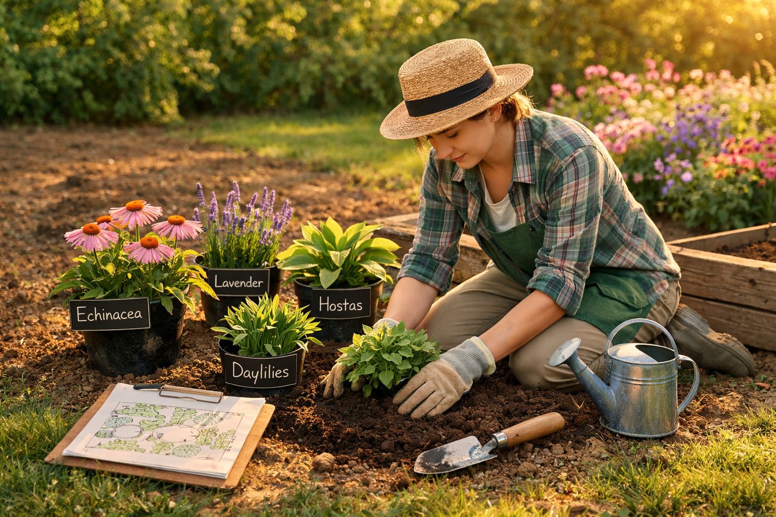 Mulher a plantar ervas num jardim, rodeada por plantas etiquetadas e ferramentas de jardinagem.