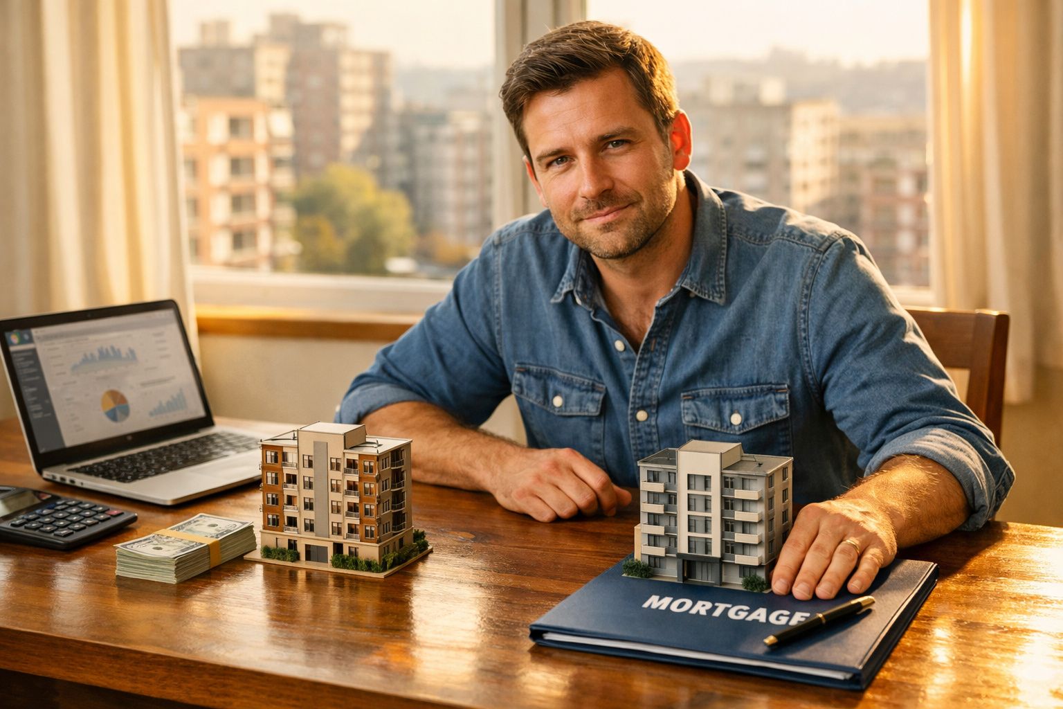 Homem sorridente sentado à mesa com miniaturas de prédios, dinheiro e pasta de hipoteca.