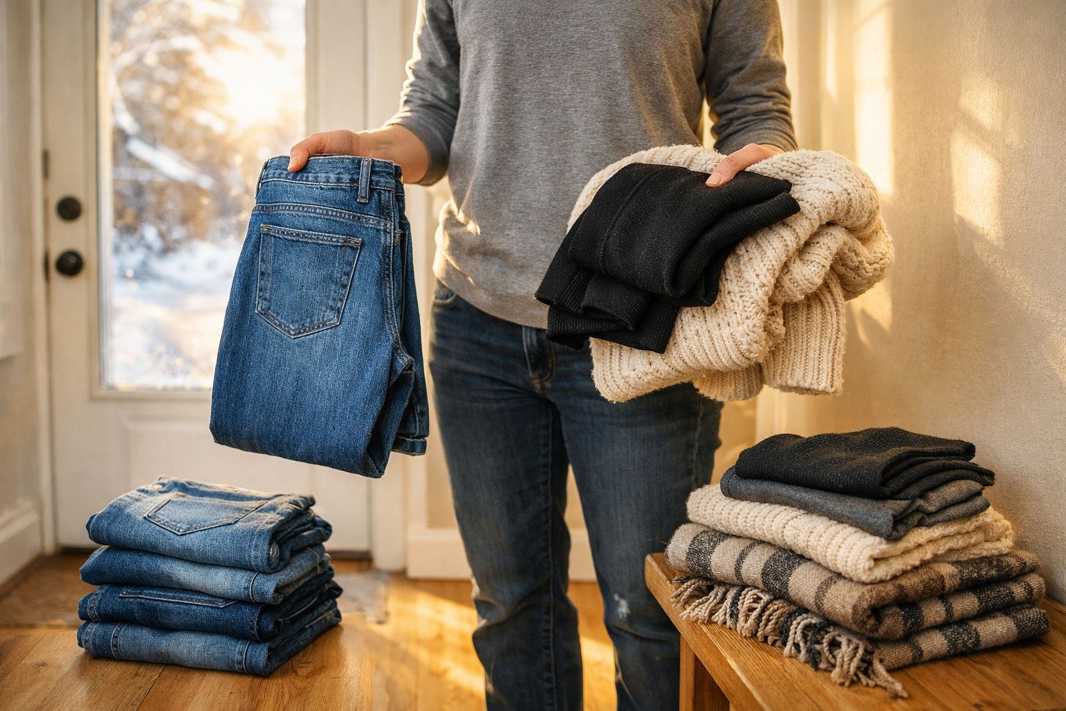 Pessoa a segurar roupa dobrada, com pilhas de roupa arrumada numa mesa e no chão junto a uma porta.